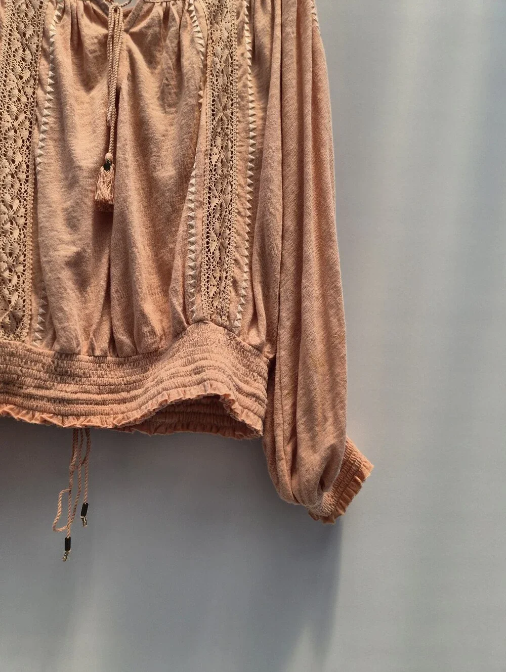 Free People Silverlake Peasant Blouse Large Peach Fairycore 70s Boho Chic Lace